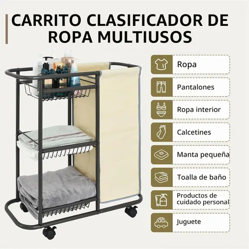 Vista 4 de Carrito de lavandería estrecho de 3 niveles con ruedas 45L para dormitorio Beige