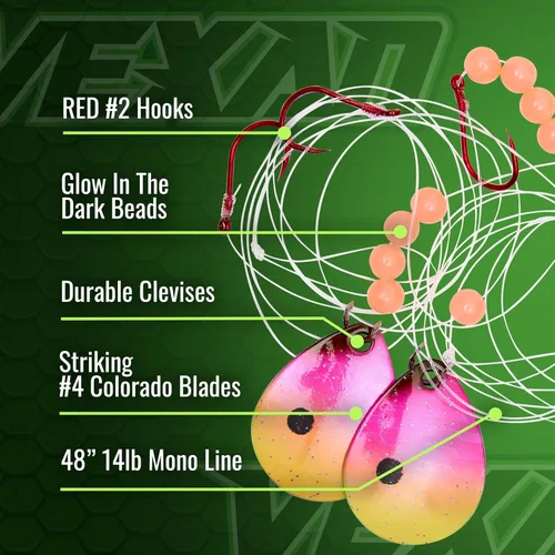 Vista 3 de Vexan Glow Walleye Spinner Rig - Live Bait Fishing Rig for Walleye with UV Glow Beads, #4 Colorado Spinning Plates, #2 Red J-Hook Setup, 48” Mono