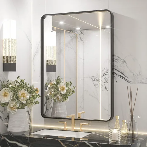 Vista 108 de Espejo de marco dorado cepillado de 16 x 24 pulgadas, espejo de tocador de baño de latón dorado para pared, espejo enmarcado rectangular de esquina