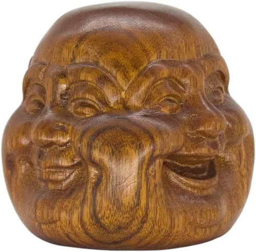 Vista 9 de Estatua de cabeza de Shakyamuni de Buda sonriente meditante, hecha a mano, de madera, anhelada a mano, decoración de buena suerte, regalo
