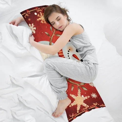 Vista 5 de Funda de almohada corporal con encanto, muñeco de nieve, copo de nieve, primera Navidad en rojo, funda de almohada larga con cremallera