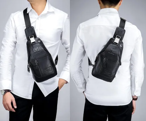 Vista 6 de BULLCAPTAIN Bolso cruzado de cuero genuino para hombre bolsas de pecho para viajes senderismo hombro Negro