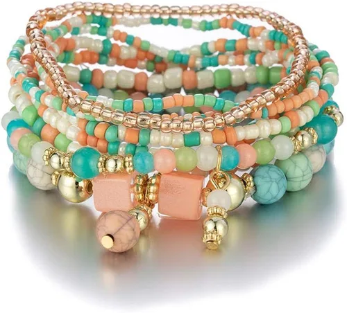 Vista 4 de Caiyao Juego de pulseras de cuentas apilables de estilo bohemio, juego de pulseras elásticas multicapa, juego de joyas multicolor, pulseras con dije
