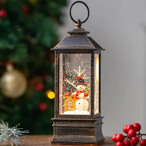 Vista 8 de Globo de nieve de Navidad con agua brillante de muñeco de nieve con música y temporizador, linterna iluminada con pilas para regalos de decoración