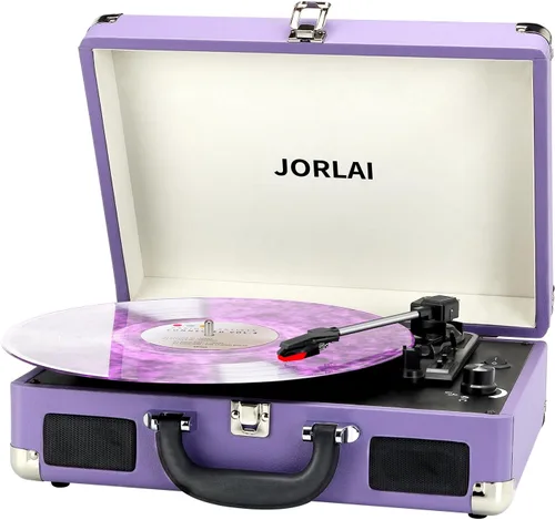 Vista 9 de Reproductor de discos de vinilo rosa de 3 velocidades portátil en maleta con altavoces duales integrados, gramófono Bluetooth con batería
