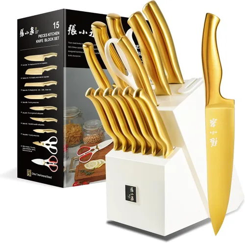 Vista 10 de Juego de 15 cuchillos con bloque, juego de cuchillos de cocina de acero inoxidable de alto carbono con hoja recubierta de cerámica, afilados y Crema