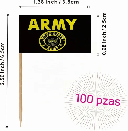 Vista 2 de Bandera de palillo de dientes con cresta dorada del ejército de Estados Unidos, tamaño pequeño, pequeño, para cóctel, frutas, cupcakes, decoración