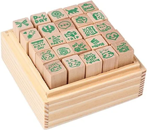 Vista 3 de Paquete de 25 sellos pequeños de goma de madera en forma de vida feliz verde con caja para tarjetas de manualidades y álbum de fotos (verde)
