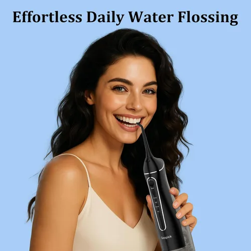 Vista 6 de Irrigador de agua portátil inalámbrico con tanque de 10.1 fl oz: irrigador oral recargable con 5 puntas para viajes, cuidado de frenillos y encías