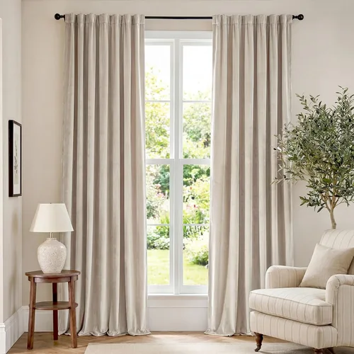 Vista 136 de Lazzzy Cortinas opacas de terciopelo beige de 84 pulgadas de largo con aislamiento térmico para oscurecer la habitación, cortinas forradas de lujo
