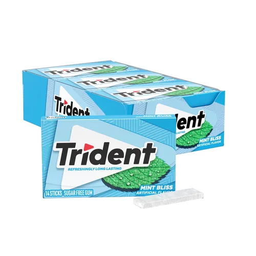 Vista 13 de 12 paquetes de 14 unidades cada uno; es decir, en total son 168 unidades de goma de mascar Trident Bubblegum sin azúcar sabor chicle. Accesorios