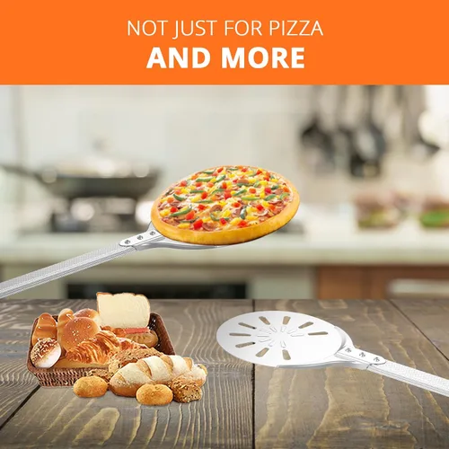 Vista 12 de Cáscara giratoria de pizza, 8 pulgadas, mango largo perforado de aluminio con gancho de silicona, accesorios para horno de pizza