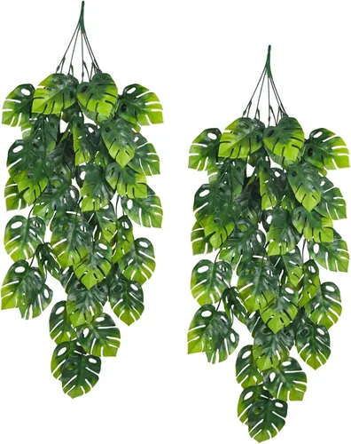 Vista 20 de RECUTMS 20LED Luces de Cadena de Hojas de Monstera, Hojas Artificiales de Palmera de Ratán Tropical, Enredadera Verde Colgante para Pared