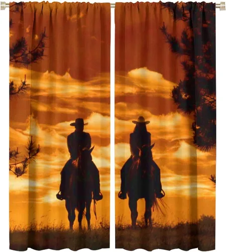 Vista 18 de Cortinas opacas de vaquero americano para sala de estar, atardecer occidental, rústico, vaquero, equitación, cortinas de ventana, aislamiento