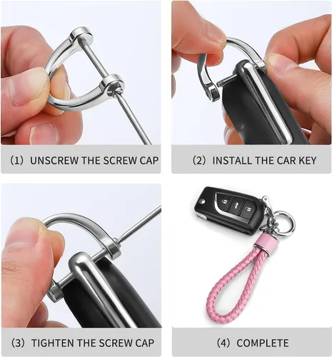 Vista 6 de Tukellen Llavero de tejido de cuero para automóvil, llavero de regalo para mujer, con anillo en D giratorio de 360 grados y destornillador