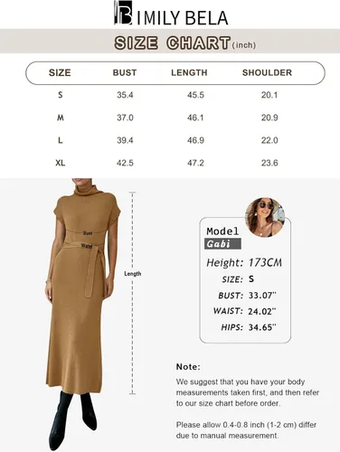 Vista 5 de Imily Bela Vestido de suéter de manga casquillo de cuello alto para mujer, tejido acanalado, abertura lateral, cintura con lazo en la cintura