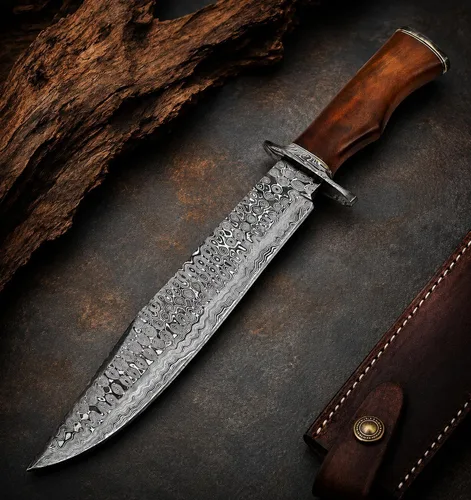 Vista 4 de Cuchillo de caza hecho a mano de acero de Damasco de 15 pulgadas, cuchillo de hoja fija con mango de palisandro y funda de cuero, supervivencia