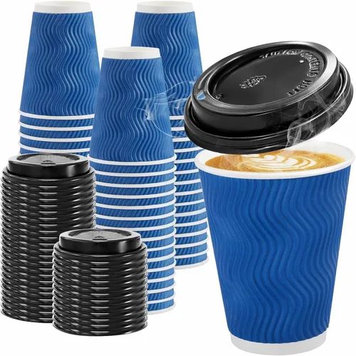 Vista 12 de Clawsoff Paquete de 100 tazas de café con tapas, de 8 onzas, desechables, aisladas, onduladas, para bebidas frías/calientes, oficina, hogar, tienda