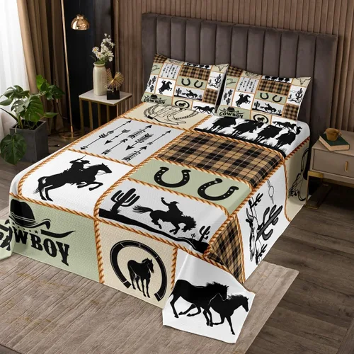 Vista 26 de Colcha de vaquero occidental para niños, tamaño individual, juego de colcha rústica de herraduras, cactus y herraduras, decoración de habitación