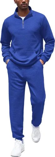 Vista 17 de COOFANDY Chándal para Hombre de 2 Piezas con Cremallera de un Cuarto Conjunto de Entrenamiento Jacquard a Cuadros para Trotar Verde militar