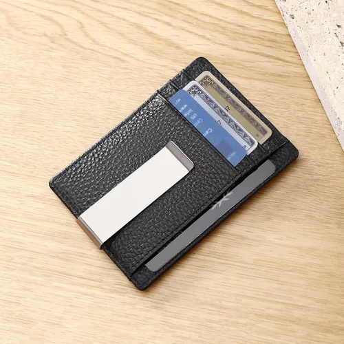 Vista 7 de Cartera para hombre, pequeña cartera de bolsillo frontal con bloqueo RFID, billetera delgada de cuero de grano superior, cartera de viaje delgada