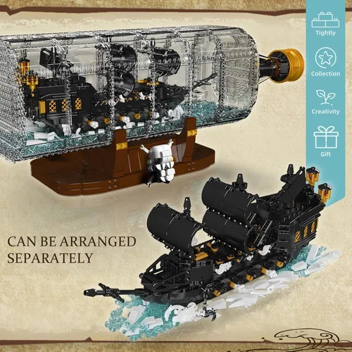 Vista 2 de Mould King 10065 Botella a la Deriva con Juego de Bloques de Construcción de Barco Perla Negra, Kit de Construcción de Modelo de Barco Pirata