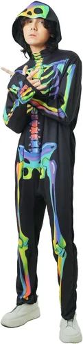 Vista 6 de Seasons Disfraz de esqueleto arcoíris con capucha para hombre, sensible a la luz negra, disfraz de cosplay de Halloween