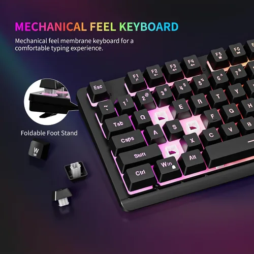 Vista 5 de Newmen GM104 Wired Gaming Keyboard and Mouse Combo,USB RGB Backlit Mechanical Feel 26-Key Anti-Ghosting Computer Gaming Keyboards,Colorful Breathing