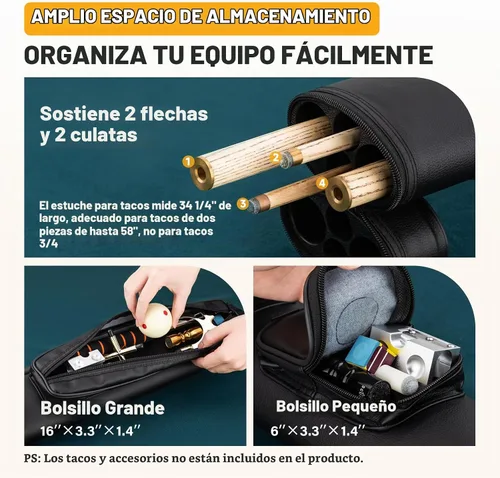 Vista 4 de Trymaker Estuche para Taco de Billar, Estuche para Taco de Billar 2x2 (No para 3/4) – Bolsa Rígida de Billar para 2 Tacos, Accesorios de Billar