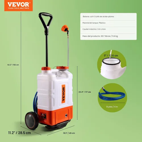 Vista 7 de VEVOR Pulverizador de mochila con batería de 4 galones con carro con ruedas, ajustable de 0-94 PSI, manguera de 13 pies, 6 boquillas, 2 varitas