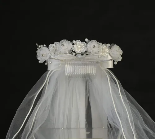 Vista 4 de Swea Pea & Lilli - Velo de primera comunión para niñas, tocado blanco para la primera comunión con diadema, flores de organza con diamantes