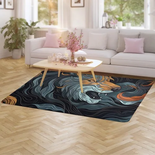 Vista 4 de Alfombra de arte de mitología nórdica de lobo Fenrir, tapete divertido regalo para decoración del hogar para dormitorio, sala de estar, alfombra