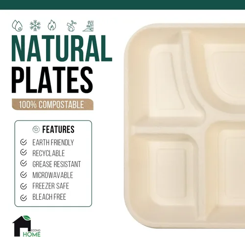Vista 4 de EconoHome Paquete de 50 platos desechables con 5 compartimentos, bandeja compostable de caña de azúcar y bagazo ecológica, apta para microondas