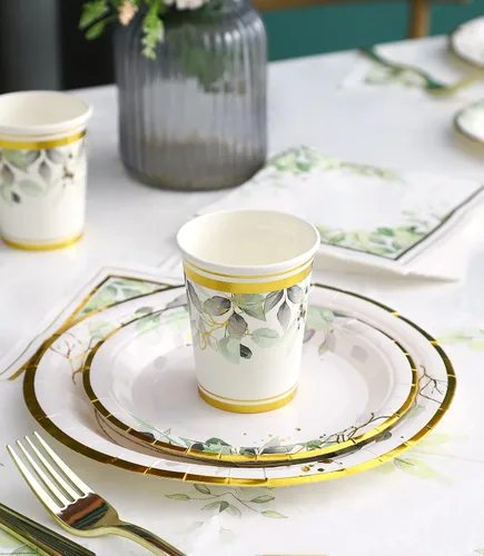 Vista 5 de Platos y servilletas de vegetación para fiesta - Sirve para 16 - Platos verdes, tazas de fiesta, cuchillos, tenedores, tema de vegetación para baby