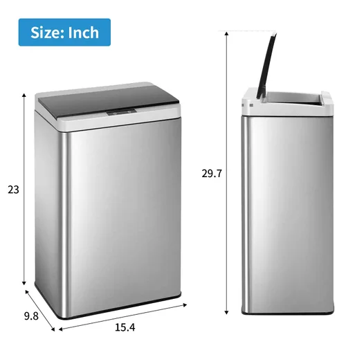 Vista 6 de Basurero automático de cocina de 13 galones con tapa, cubo de basura de acero inoxidable de 50 litros con sensor de movimiento y sin tacto, cubo