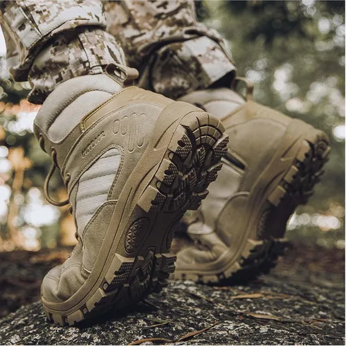 Vista 6 de Botas tácticas de senderismo para hombre, botas de combate ligeras, con cremallera lateral, botas militares duraderas para exteriores
