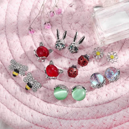 Vista 2 de Juego de 20 pares de aretes de ópalo de acero inoxidable para mujeres y niñas, animales arco iris, mariquita, abeja, mariposa, gato, serpiente
