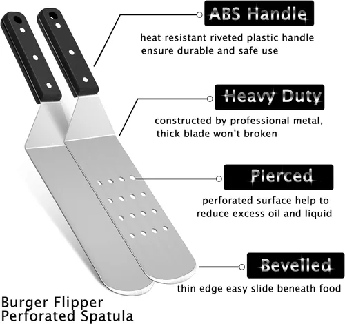 Vista 2 de HaSteeL Espátula de plancha de metal, acero inoxidable larga con mango remachado, girador de hamburguesas perforado resistente y sólido para cocinar