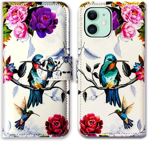 Vista 26 de Bcov Funda para iPhone 11, funda de piel con tapa y función atril para iPhone 11, diseño de flores y mariposas azules