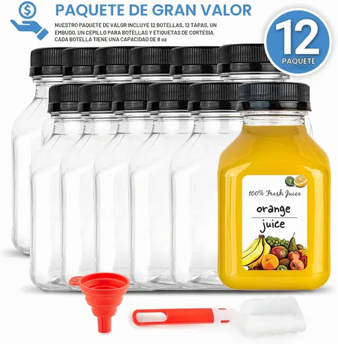 Vista 2 de Botellas de jugo de 8 onzas con tapas, recipientes reutilizables de plástico transparente para bebidas (paquete de 12) - Mini botellas de agua