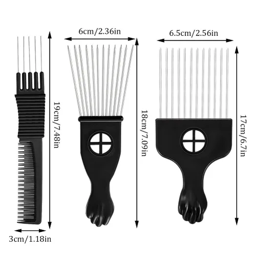 Vista 3 de Juego de 3 púas de metal para estilo afro, barba y rizado, peines para hombres y mujeres
