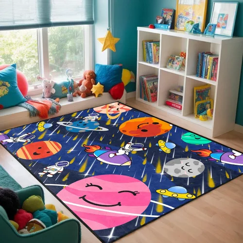 Vista 13 de Alfombra espacial para habitación de niños, alfombra de galaxia para niños, alfombras espaciales para dormitorio de niños, decoración