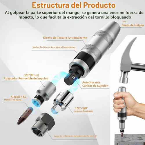 Vista 3 de 12 piezas de destornillador de impacto manual de 3/8" y 8 piezas de extractor de pernos de 3/8", XEWEA destornillador reversible de impacto