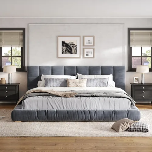 Vista 15 de Base de cama tapizada de terciopelo con cabecera capitoné de canal, cama de perfil bajo tamaño Queen con soporte de listones resistente, no necesita