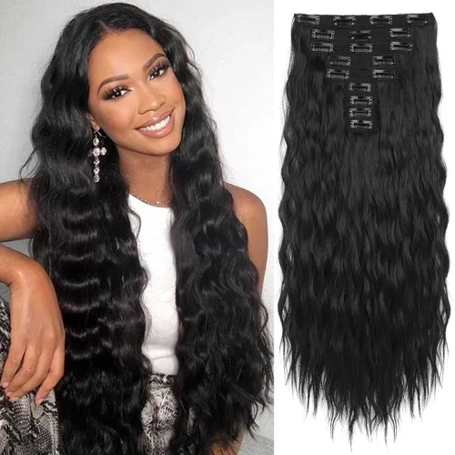 Vista 24 de REECHO Extensiones de cabello con clip, 5 piezas, de 24 pulgadas, de color rubio ceniza, extensiones de cabello con ondas largas y sueltas, HE002