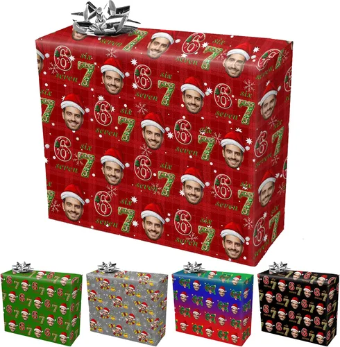 Vista 9 de Papel de regalo personalizado con fotografía, “Merry Christmas” con sombrero de Navidad, papel de regalo personalizado “Happy Birthdays” con nombre
