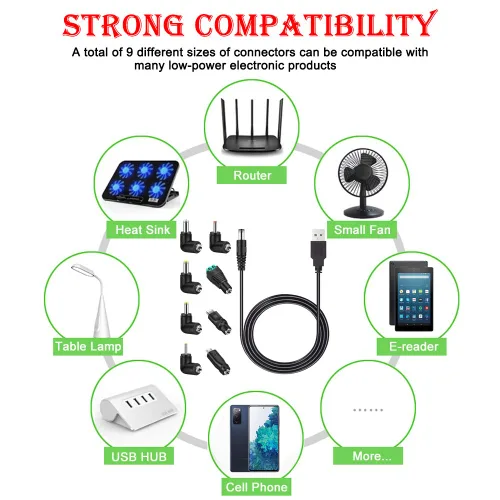 Vista 7 de MEROM Cable de alimentación universal de 5 V CC, cable de carga USB a CC de 5,5x2,1 mm con 8 puntas de conector