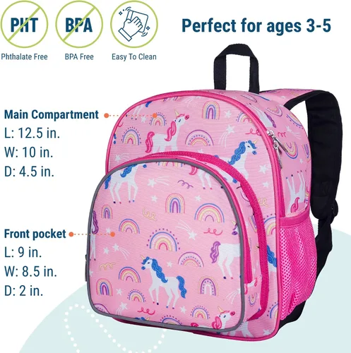 Vista 4 de Wildkin Mochila infantil de 12 pulgadas, acolchada, ajustable, ideal para guardería y viajes, unicornios arcoíris