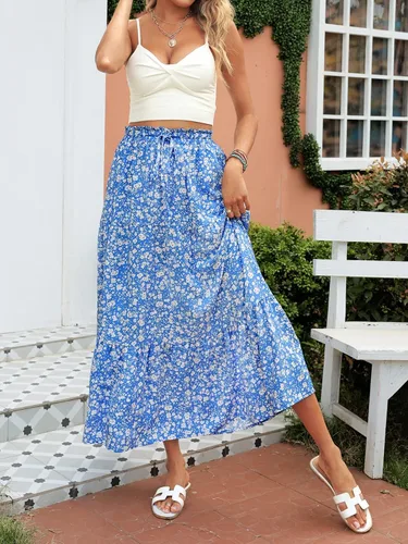Vista 7 de MEROKEETY - Falda larga por debajo de la rodilla, acampanada y plisada de cintura alta con estampado floral bohemio y bolsillos para mujer