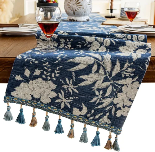 Vista 9 de Camino de mesa botánico floral para sala de estar, camino de mesa de comedor de flores jacquard con borlas, moderno, decorativo, elegante, natural